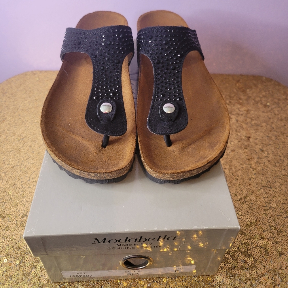 Modabella Genuine leather size 8 thong sandals Black with bling